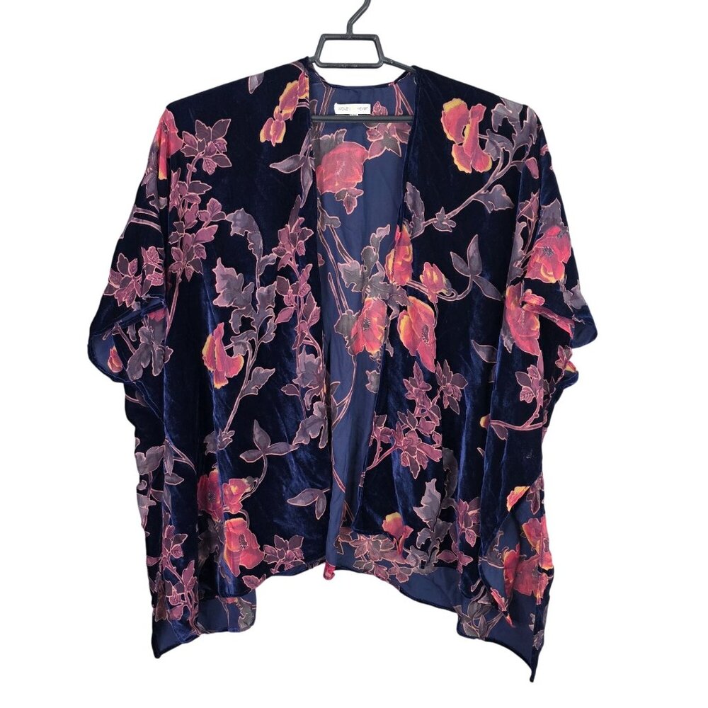 Womens Woven Heart Kimono Cardigan Floral Velvet Open Front Lightweight Size S/M